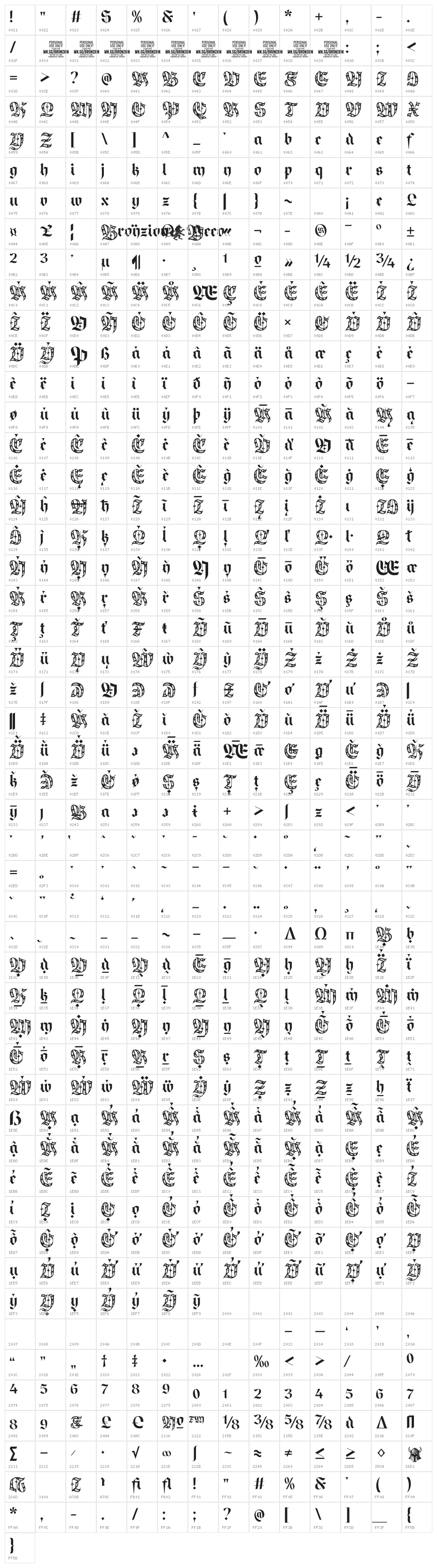 Bronzion Deco PERSONAL USE Regular Character Map
