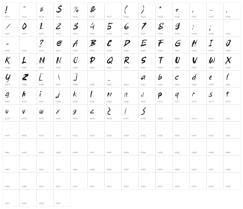 brushield Italic Character Map