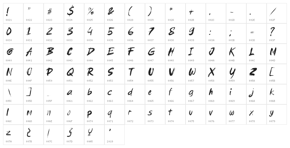 brushield Italic Character Map
