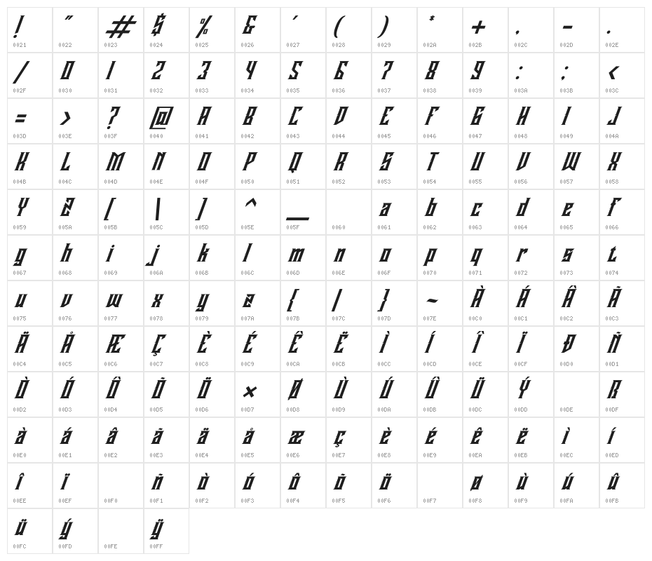 Buckingham Italic Character Map