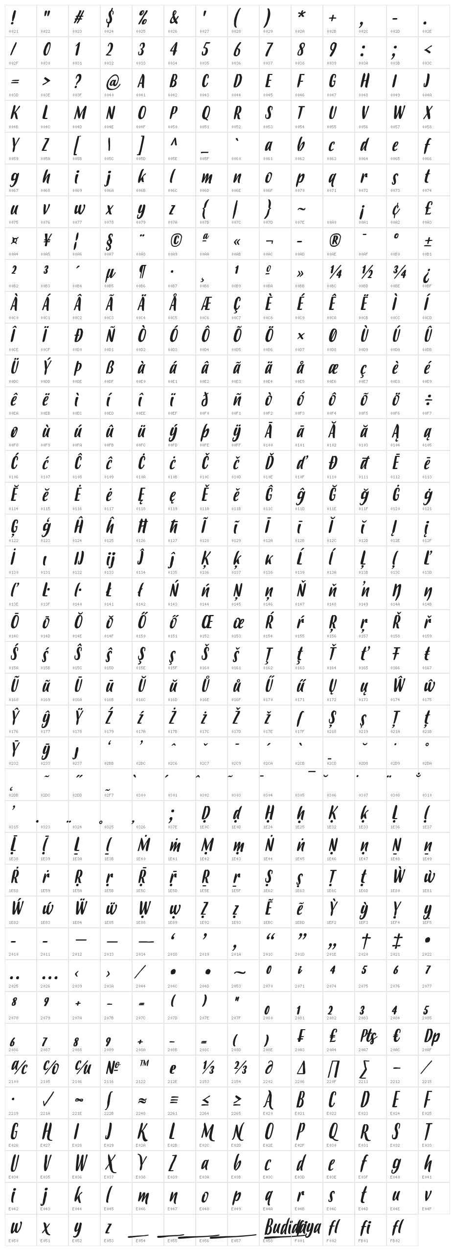 Budidaya Italic Character Map