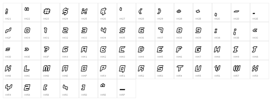 Bug2K Oblique Character Map