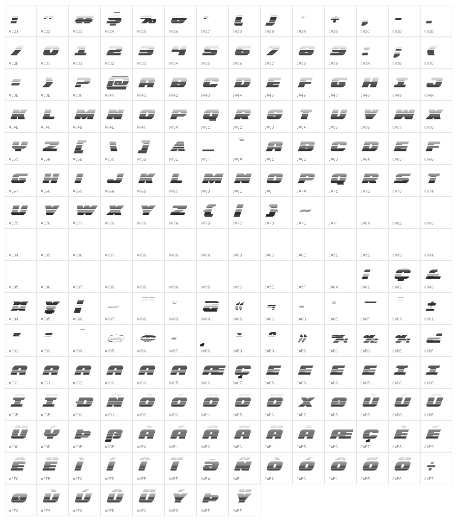 Bummer Gradient Italic Character Map