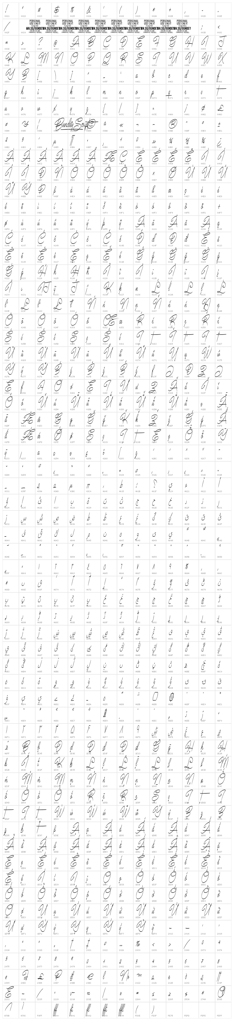 Bundey Script PERSONAL USE Bold Italic Character Map