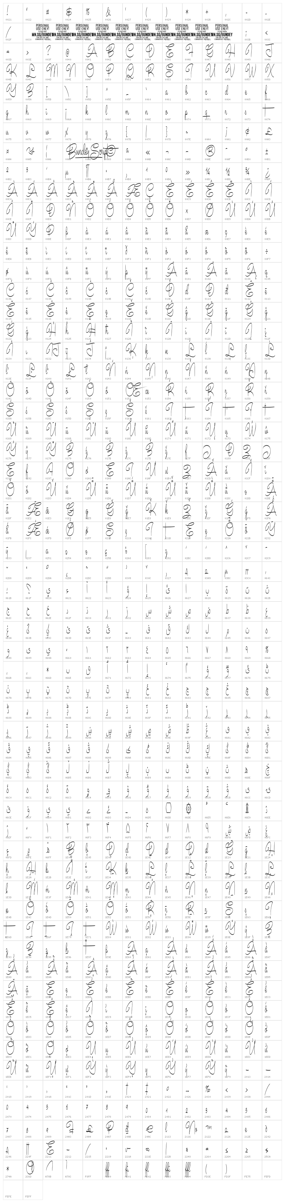 Bundey Script PERSONAL USE Bold Character Map