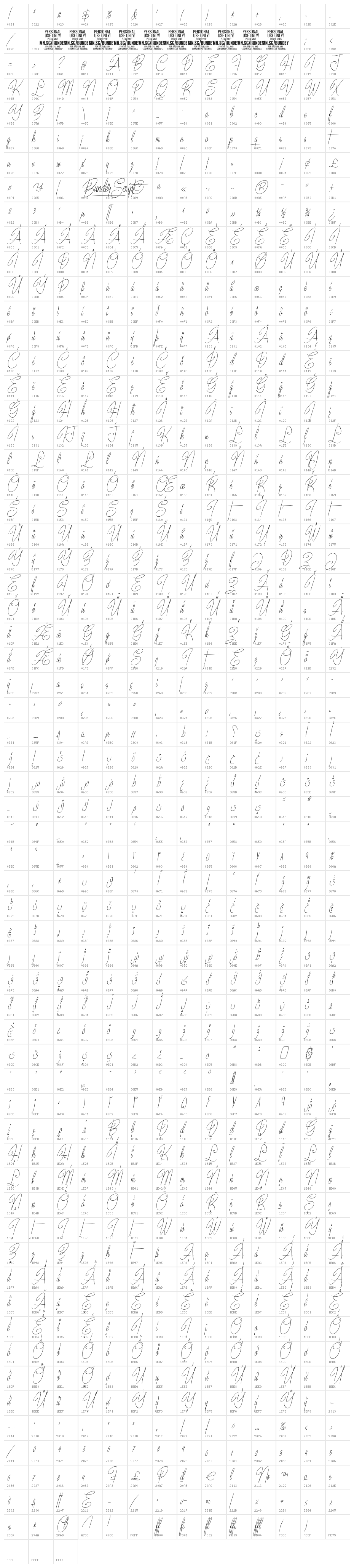 Bundey Script PERSONAL USE Italic Character Map