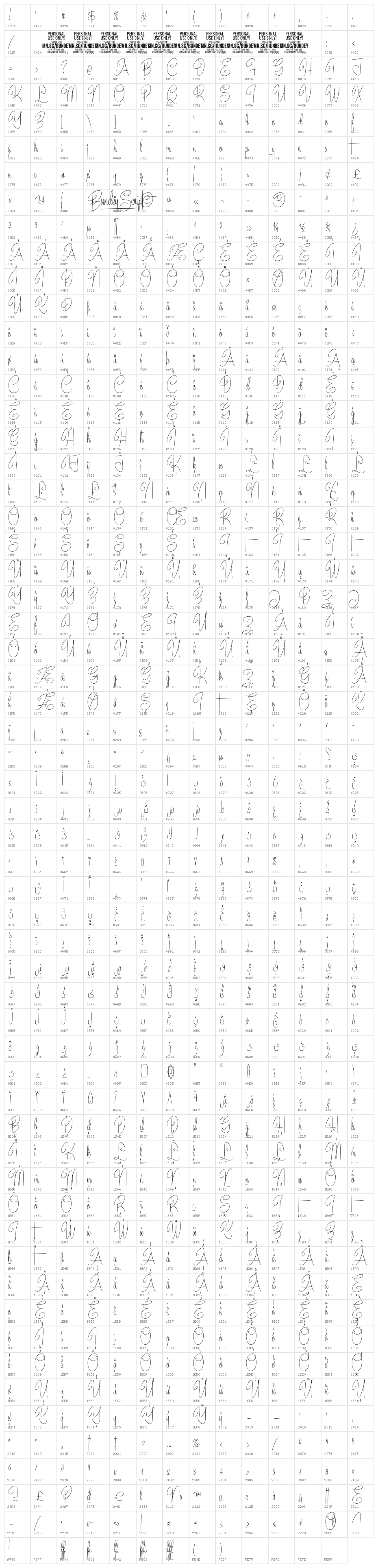 Bundey Script PERSONAL USE Regular Character Map