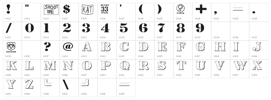 Bundy Yellow HollowShadowed Character Map