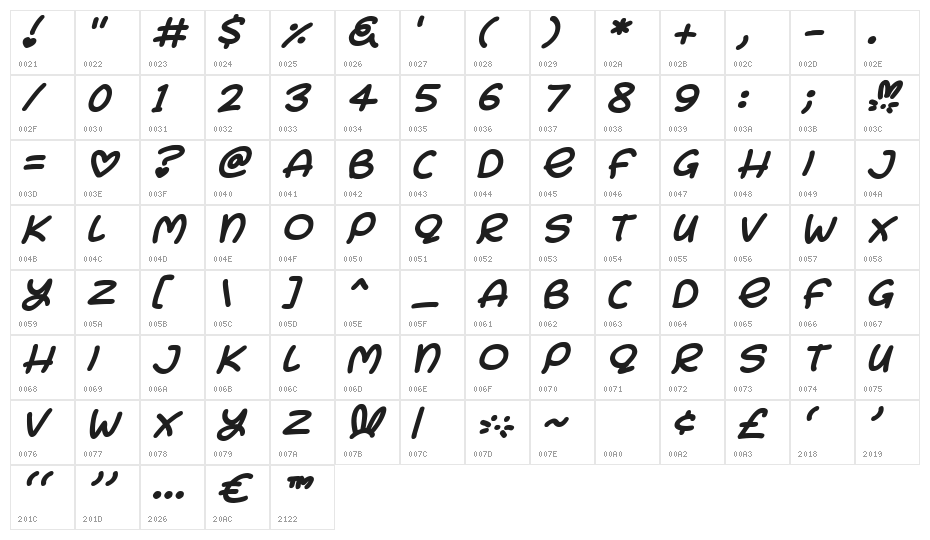 Bunny Ears Italic Character Map