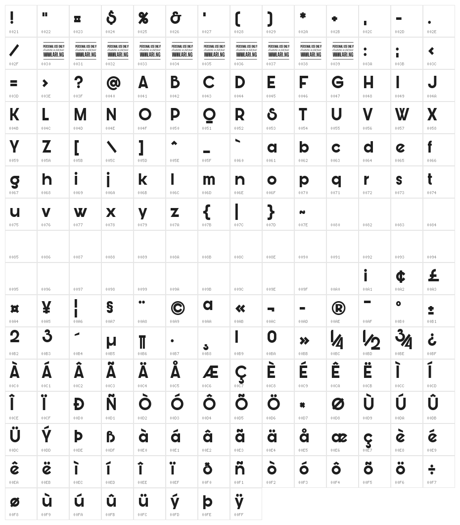 Bunya PERSONAL Bold Character Map