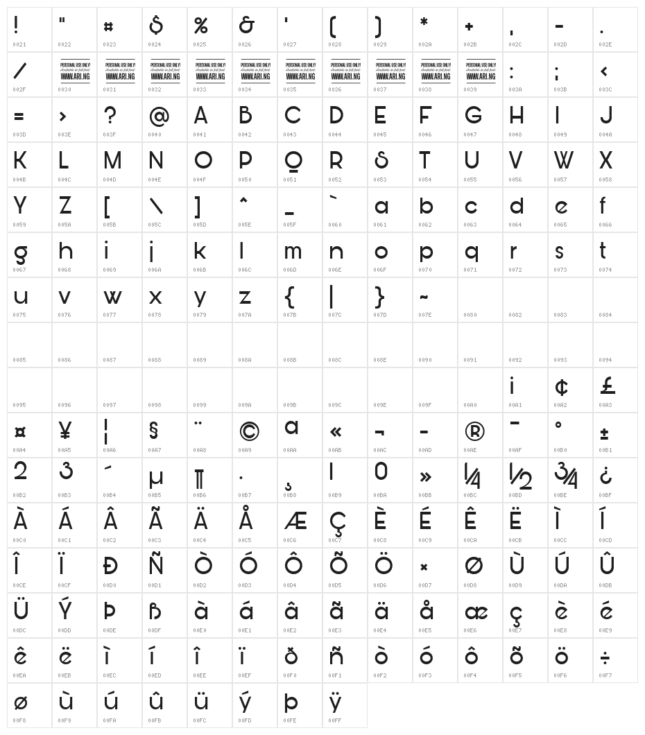 Bunya PERSONAL Regular Character Map