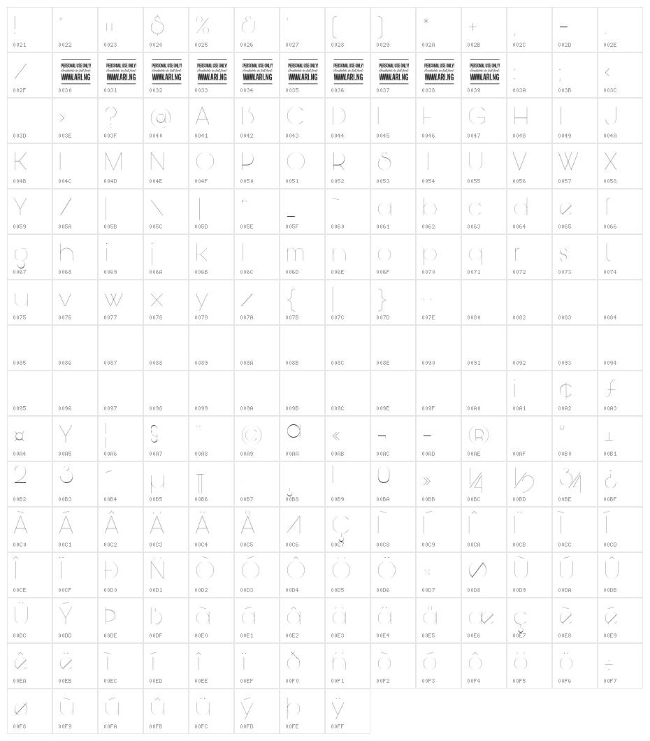 Bunya PERSONAL Thin Character Map