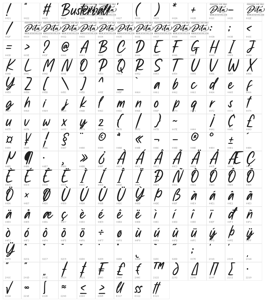 Busteball Personal Use Character Map