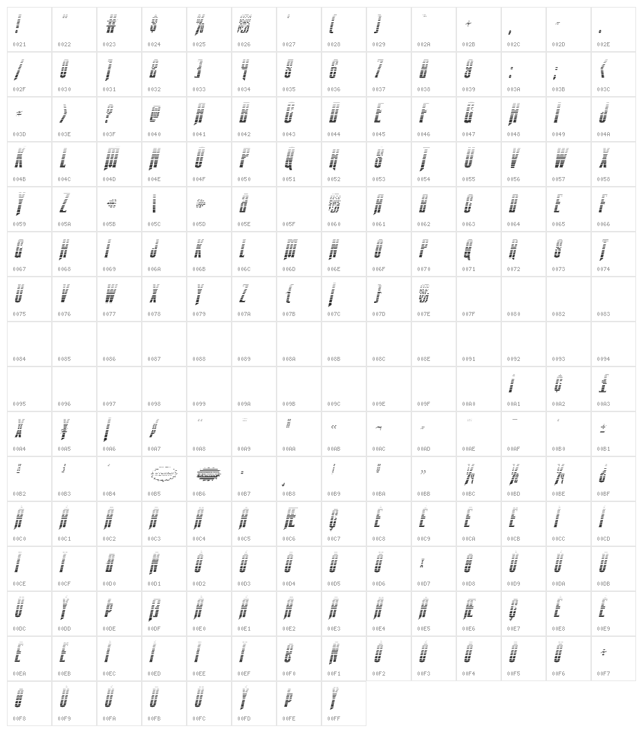Butch & Sundance Gradient Italic Character Map