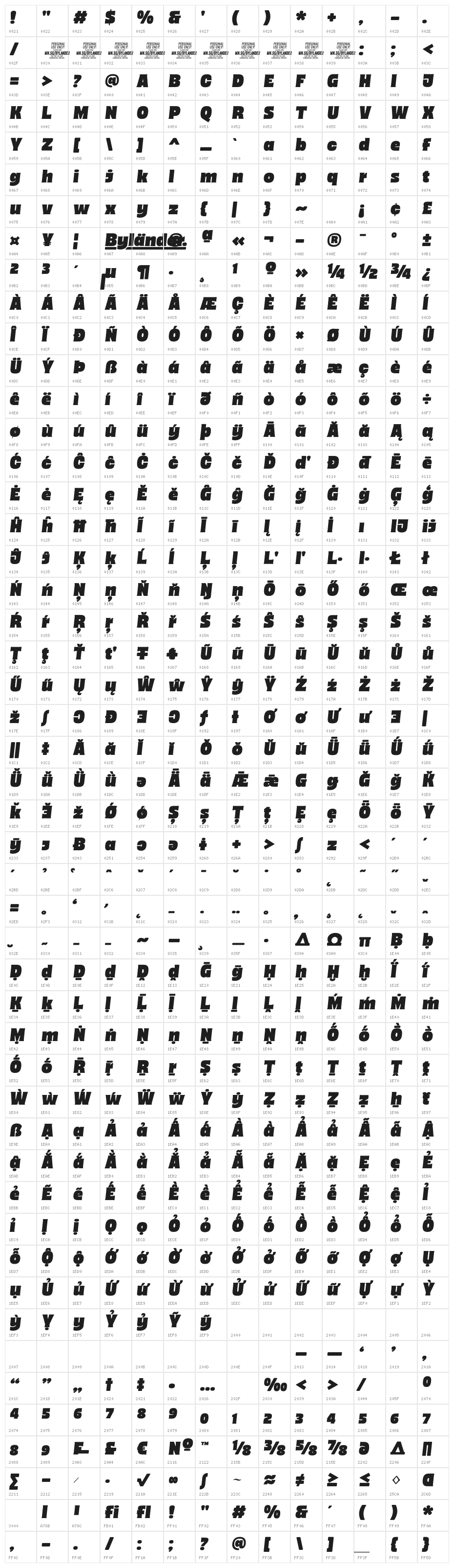 Bylander Italic PERSONAL USE Regular Character Map