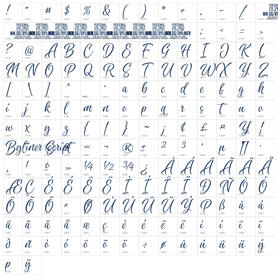 Byliner Script PERSONAL USE Regular Character Map