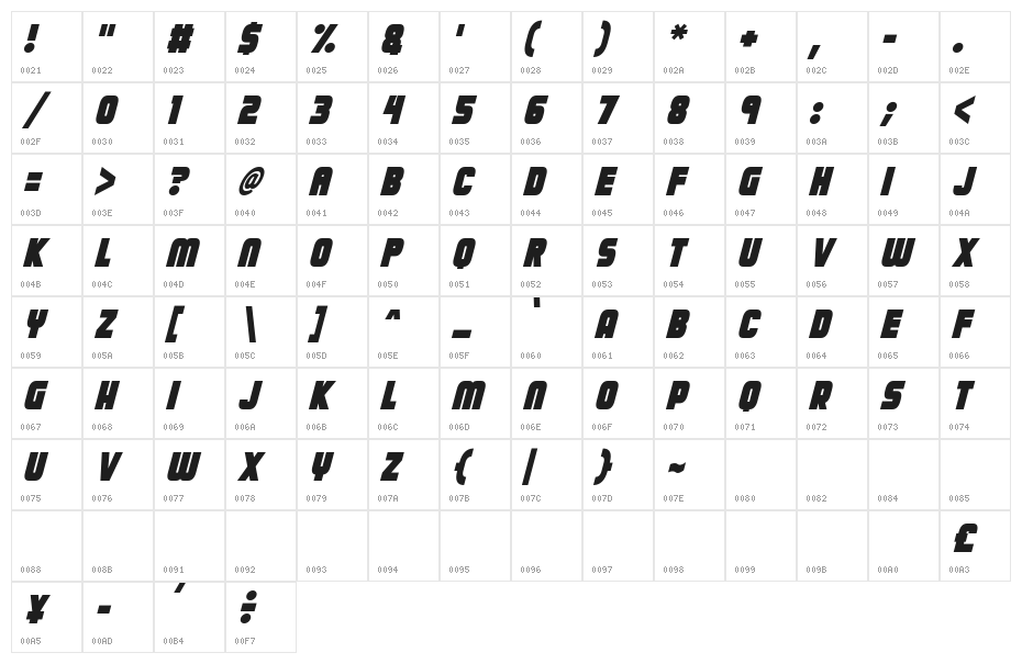 Calamitech Italic Character Map