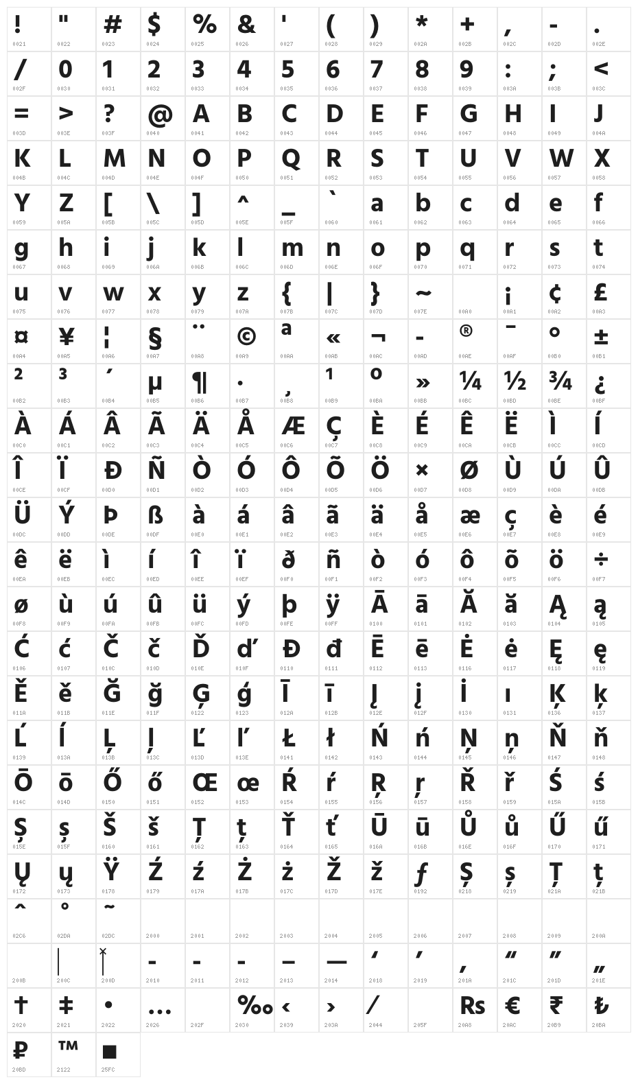 Calcutta Bold Character Map