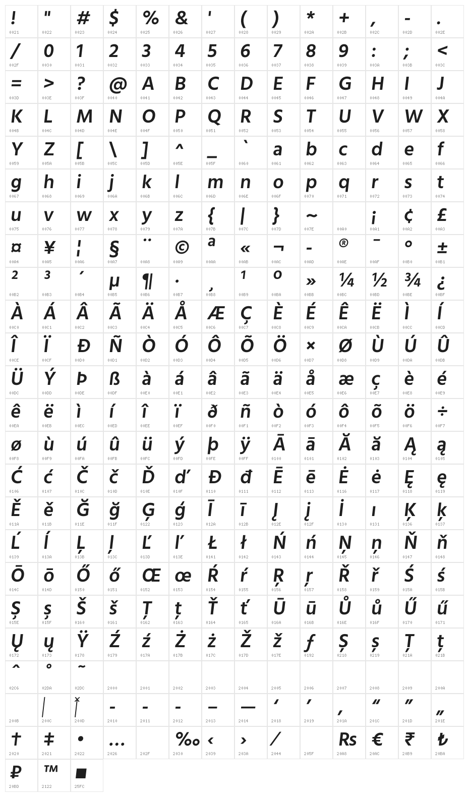 Calcutta SemiBold Italic Character Map