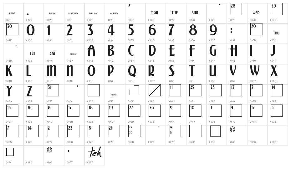 Calendar Normal Character Map