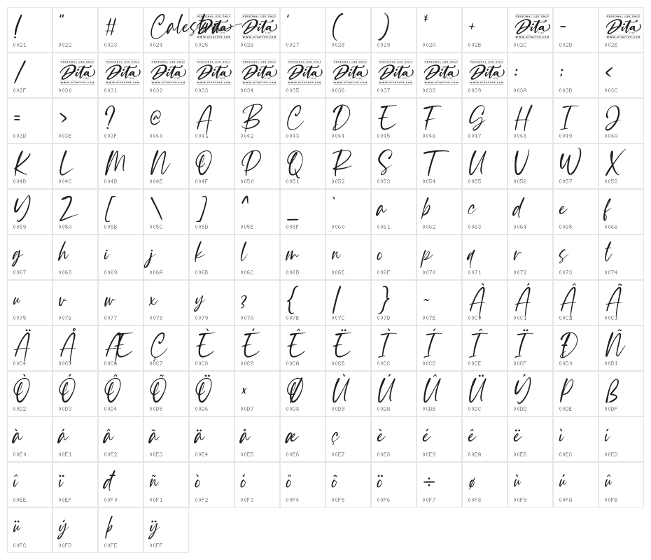 Calestra Personal Use Character Map