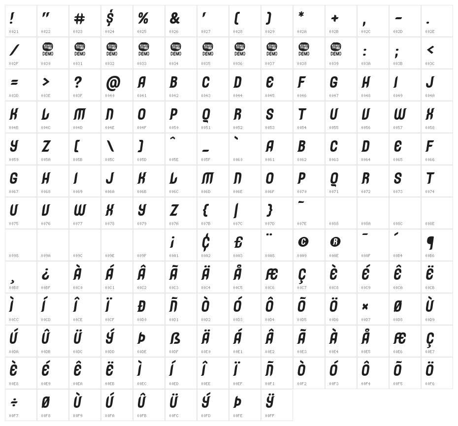 Caleuche-RegularOblique Character Map