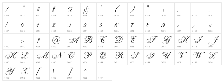 Caligraf W Character Map