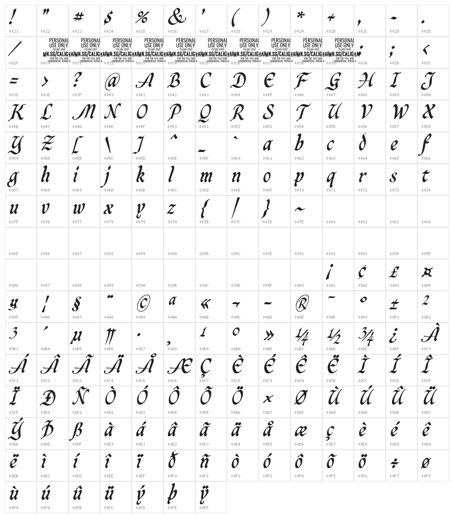 CaligrafBoldPERSONALUSE Character Map