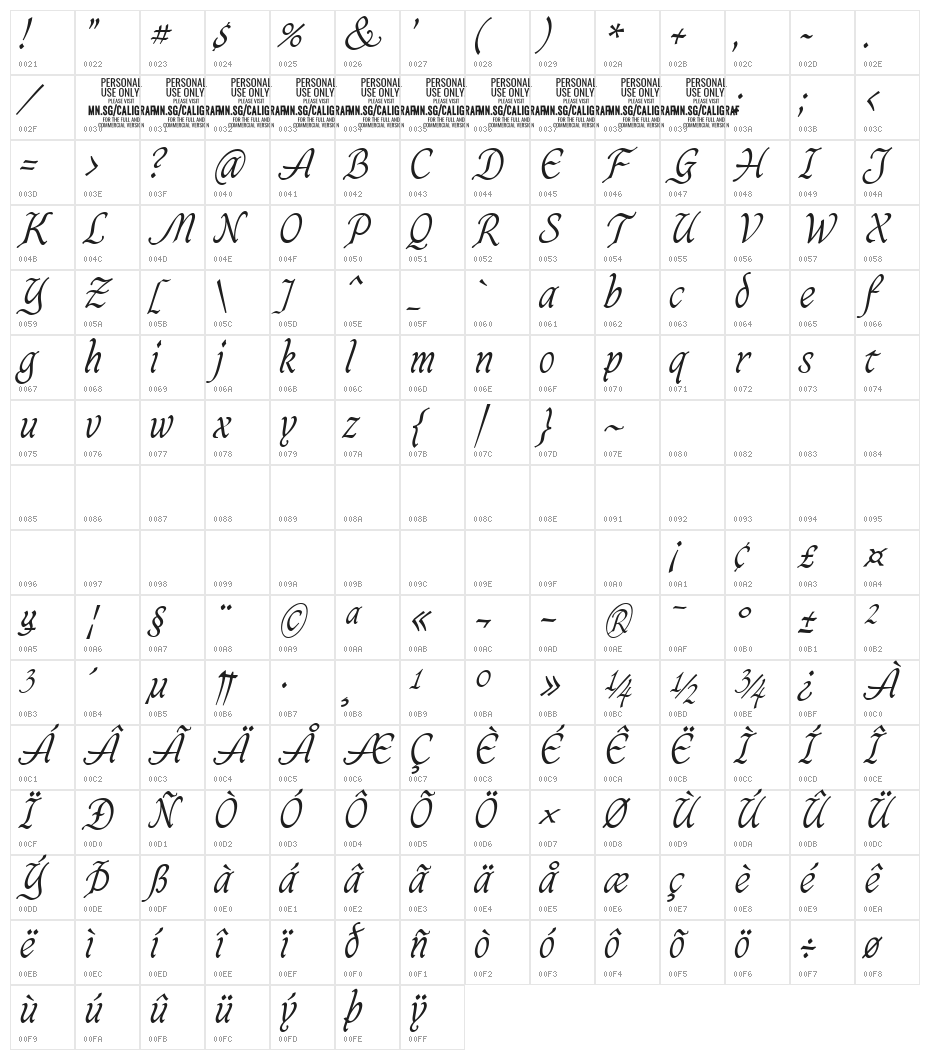 CaligrafLightPERSONALUSE Character Map