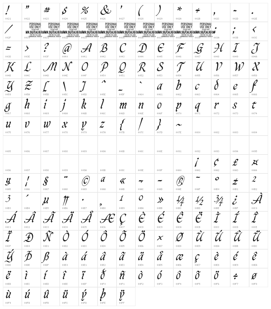 CaligrafMediumPERSONALUSE Character Map