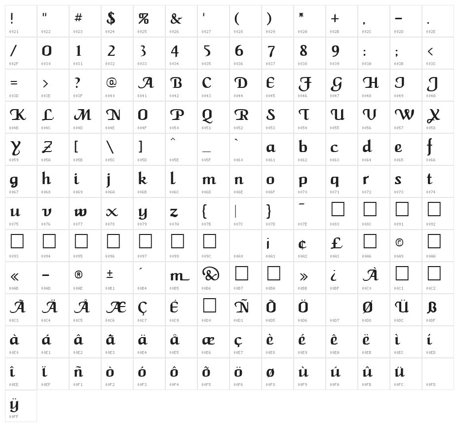 Caligula Regular Character Map