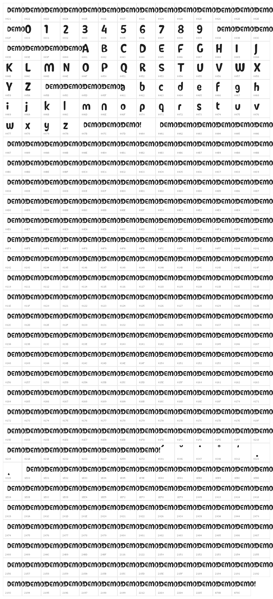 Caliny Medium DEMO Character Map