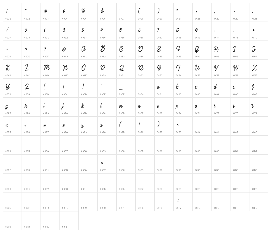 CalisteScriptDEMO-Regular Character Map