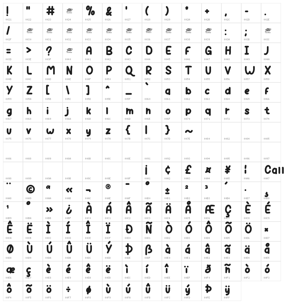 Calli Cat Regular Character Map