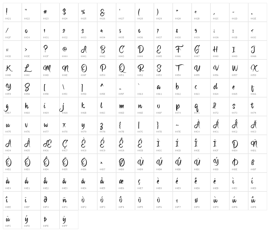 Calligra Marriage  Regular Character Map