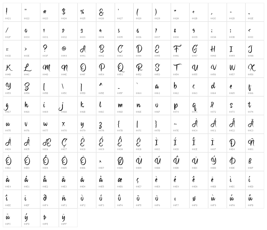 CalligraMarriage-Regular Character Map