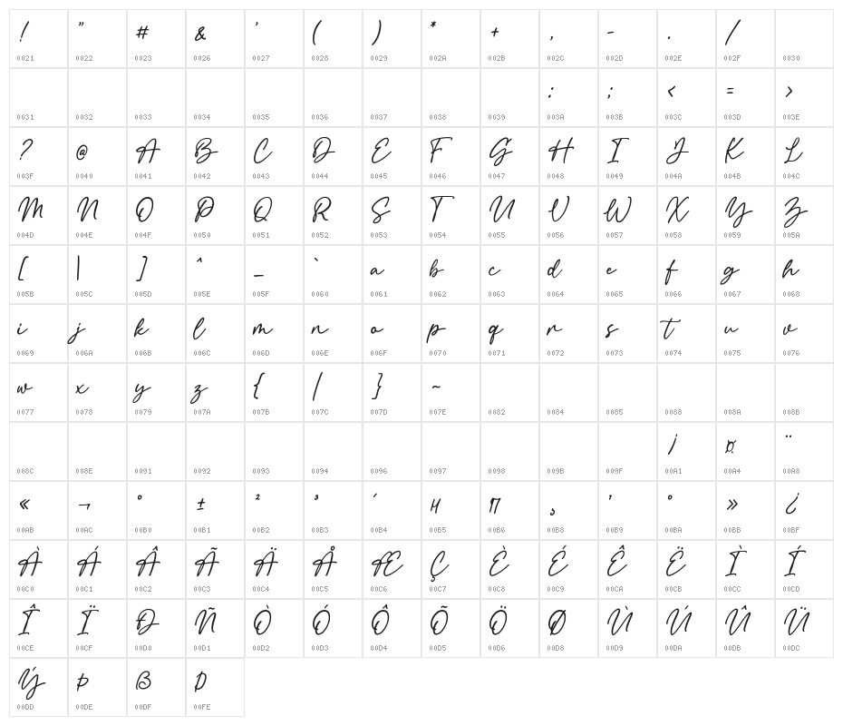 Callinda DEMO Regular Character Map