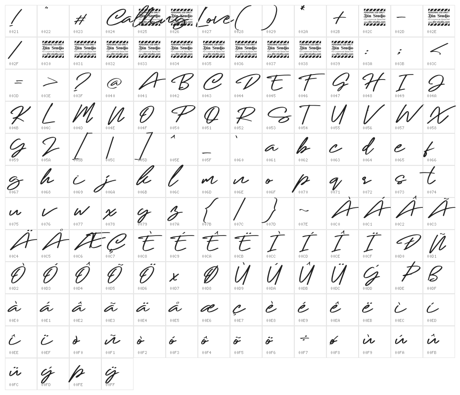 Calling Loves Script Character Map