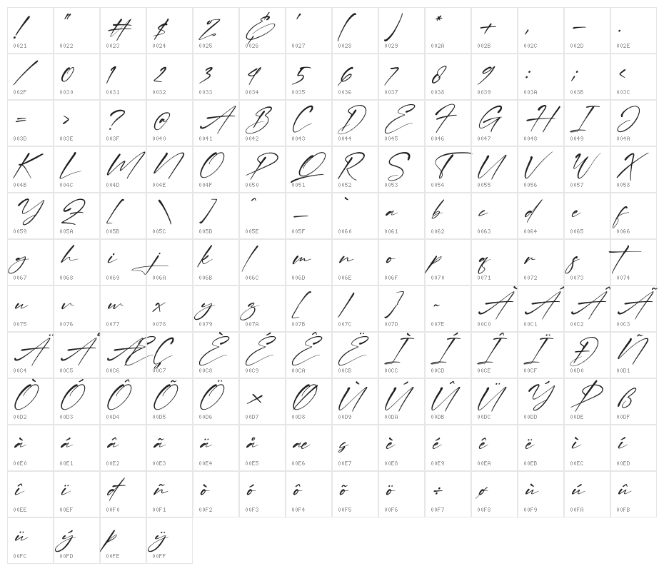Callista Italic Character Map