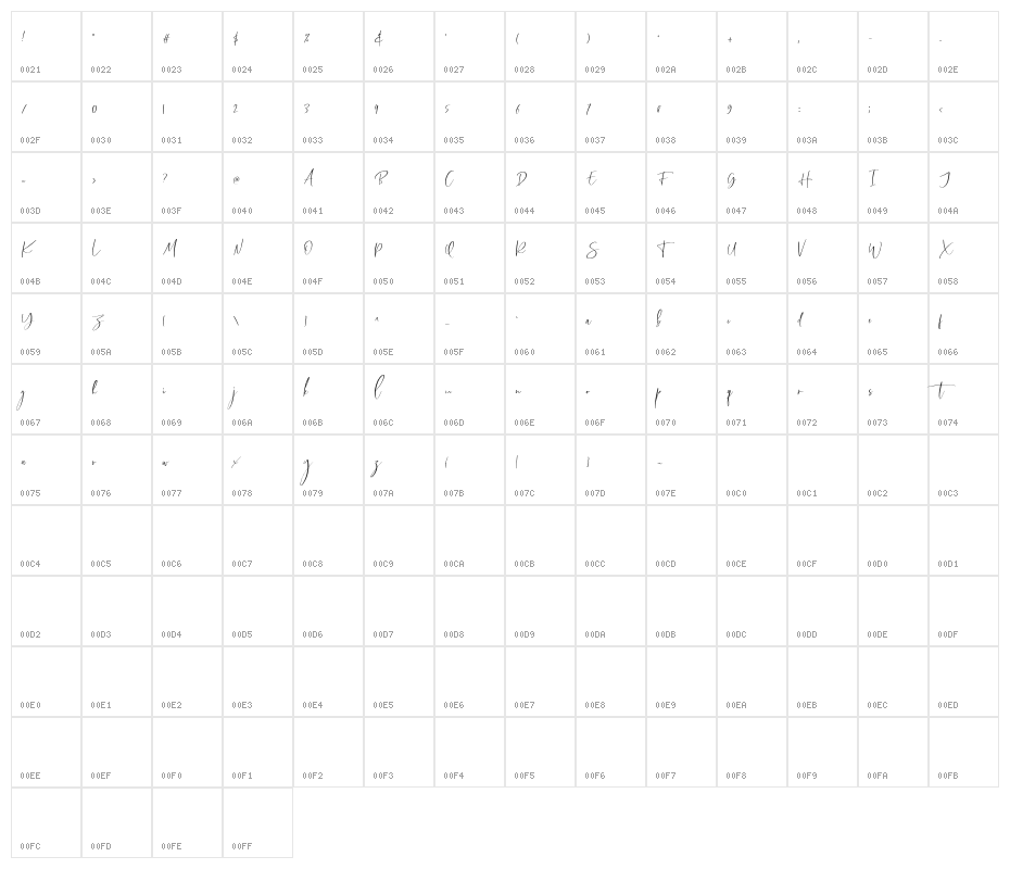 CallisteraScriptFree-Regular Character Map