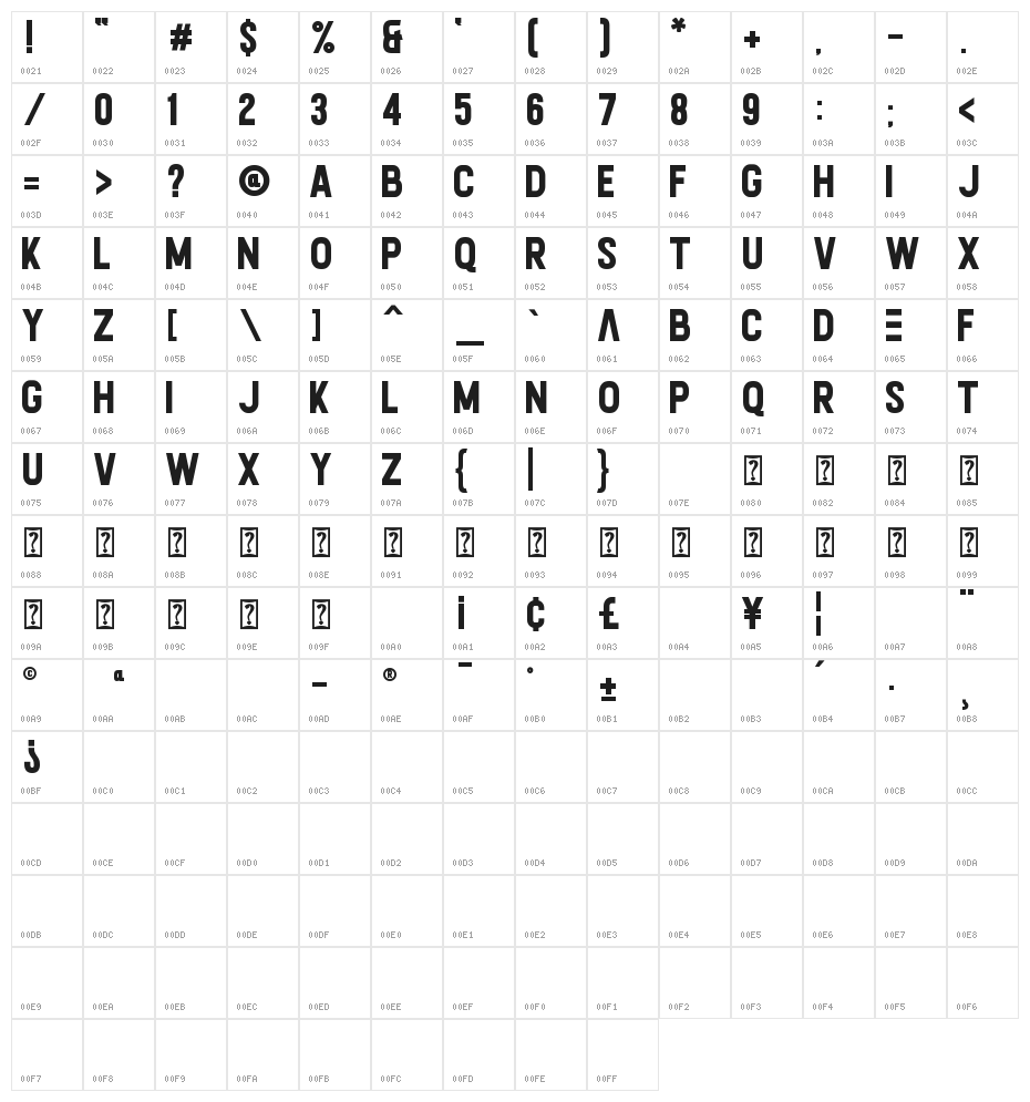 Calvier Bold Character Map