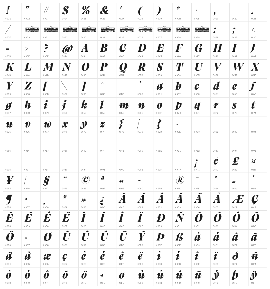 Calvino Grande Trial Black Italic Character Map