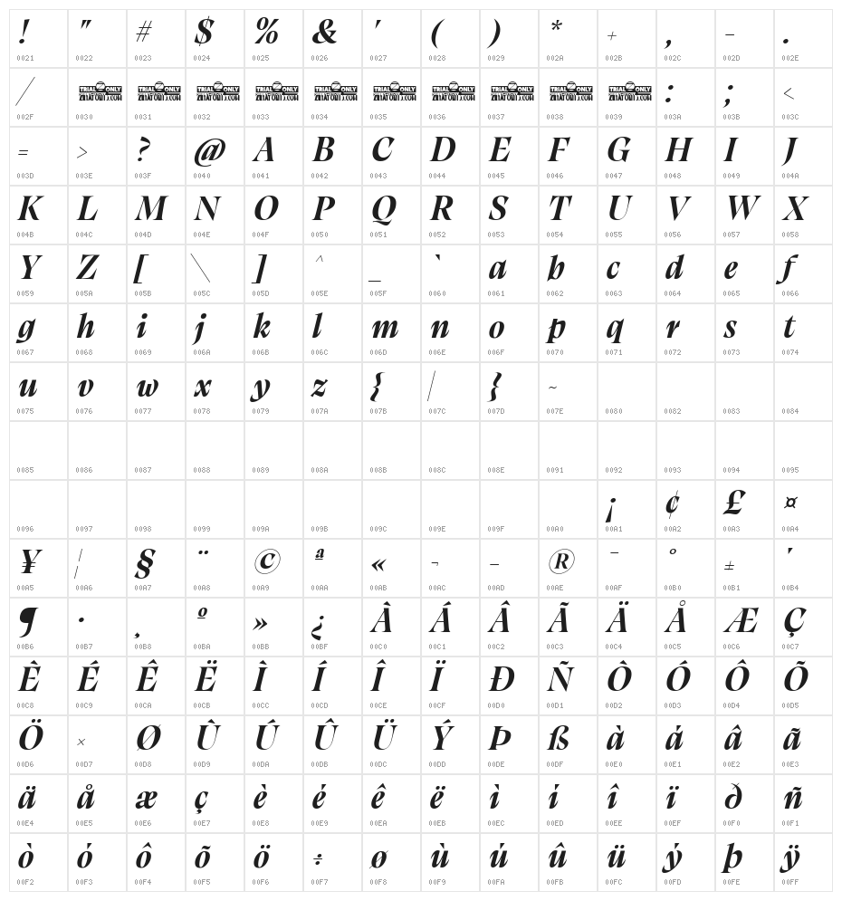 Calvino Grande Trial Bold Italic Character Map