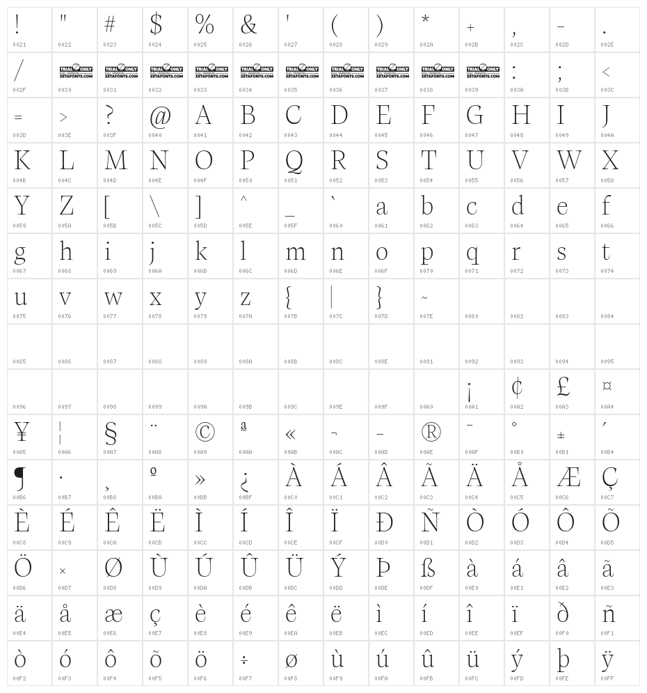 Calvino Grande Trial Extralight Character Map