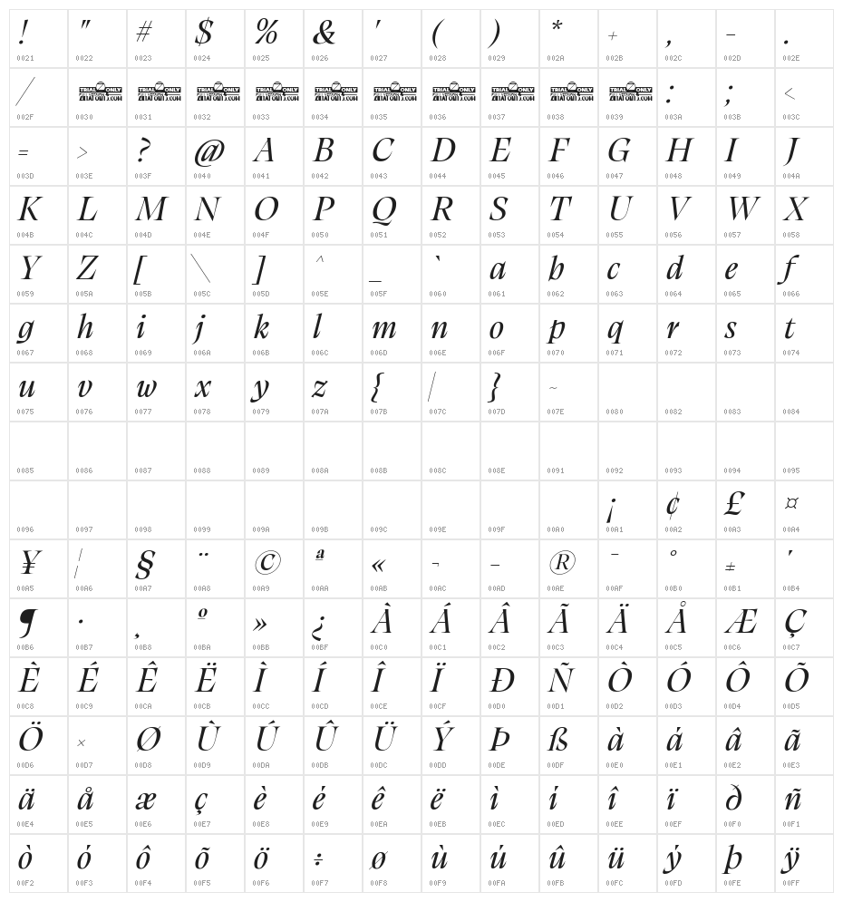 Calvino Grande Trial Italic Character Map