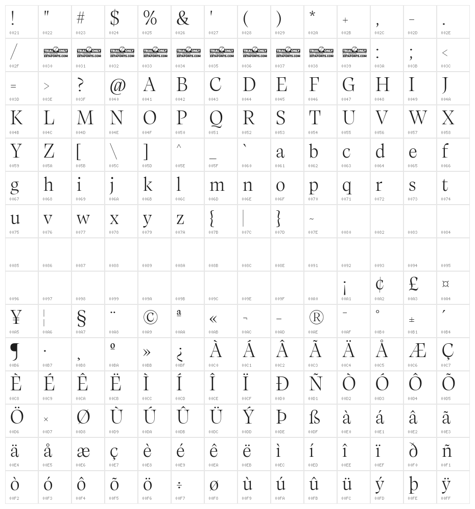 Calvino Grande Trial Light Character Map