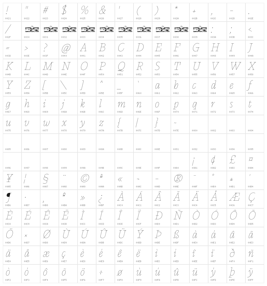 Calvino Grande Trial Monoline Italic Character Map