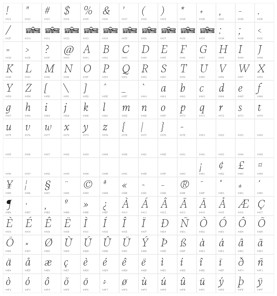 CalvinoTrial Extralight Italic Character Map