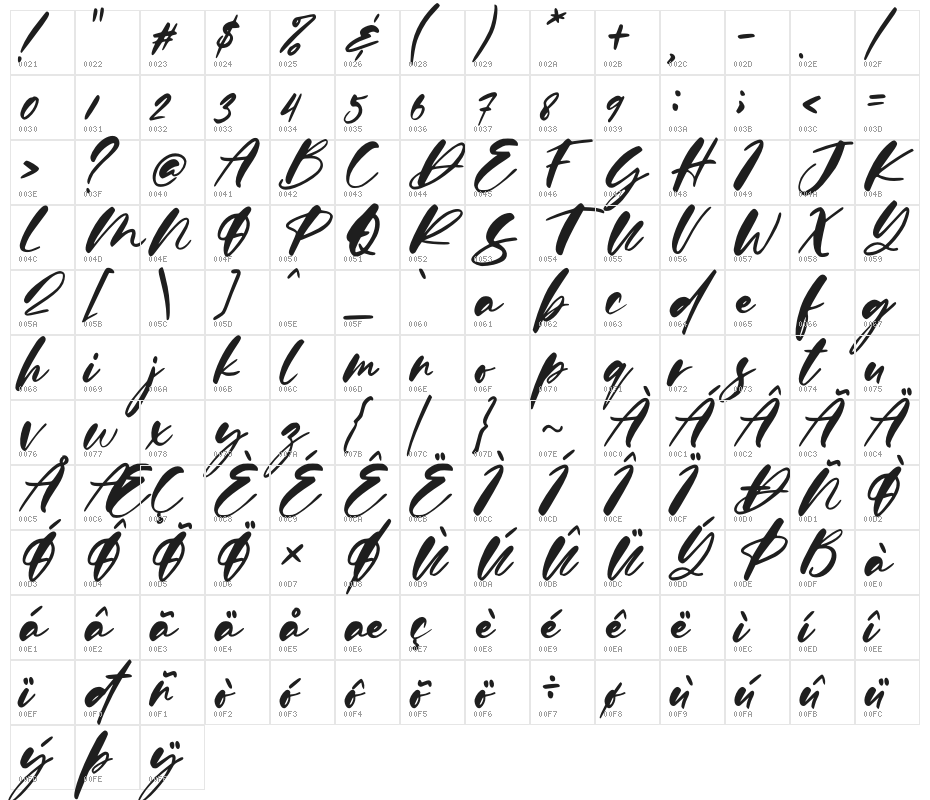Calysta Rose Italic Character Map