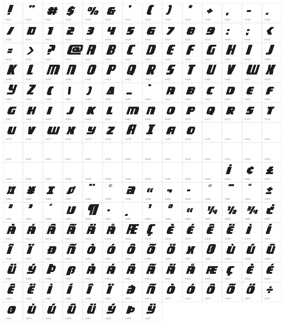 Camp Justice Expanded Italic Character Map